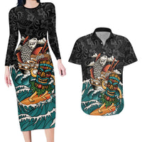 Personalized Japanese Koi Fish Ramen Couples Matching Long Sleeve Bodycon Dress and Hawaiian Shirt Tiki Surfing Wagara Hibiscus Pattern