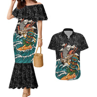 Personalized Japanese Koi Fish Ramen Couples Matching Mermaid Dress and Hawaiian Shirt Tiki Surfing Wagara Hibiscus Pattern