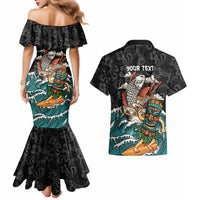 Personalized Japanese Koi Fish Ramen Couples Matching Mermaid Dress and Hawaiian Shirt Tiki Surfing Wagara Hibiscus Pattern