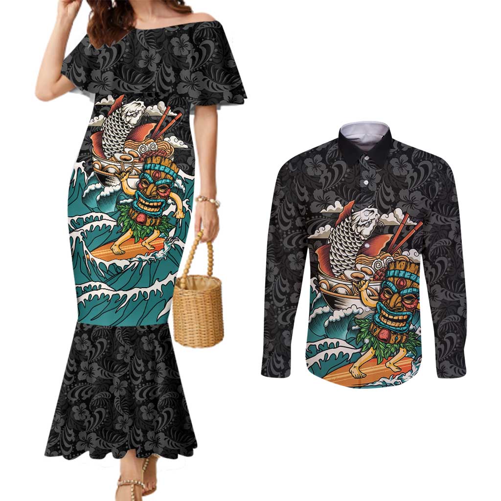 Personalized Japanese Koi Fish Ramen Couples Matching Mermaid Dress and Long Sleeve Button Shirt Tiki Surfing Wagara Hibiscus Pattern