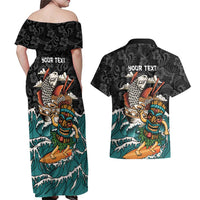 Personalized Japanese Koi Fish Ramen Couples Matching Off Shoulder Maxi Dress and Hawaiian Shirt Tiki Surfing Wagara Hibiscus Pattern LT9 - Polynesian Pride