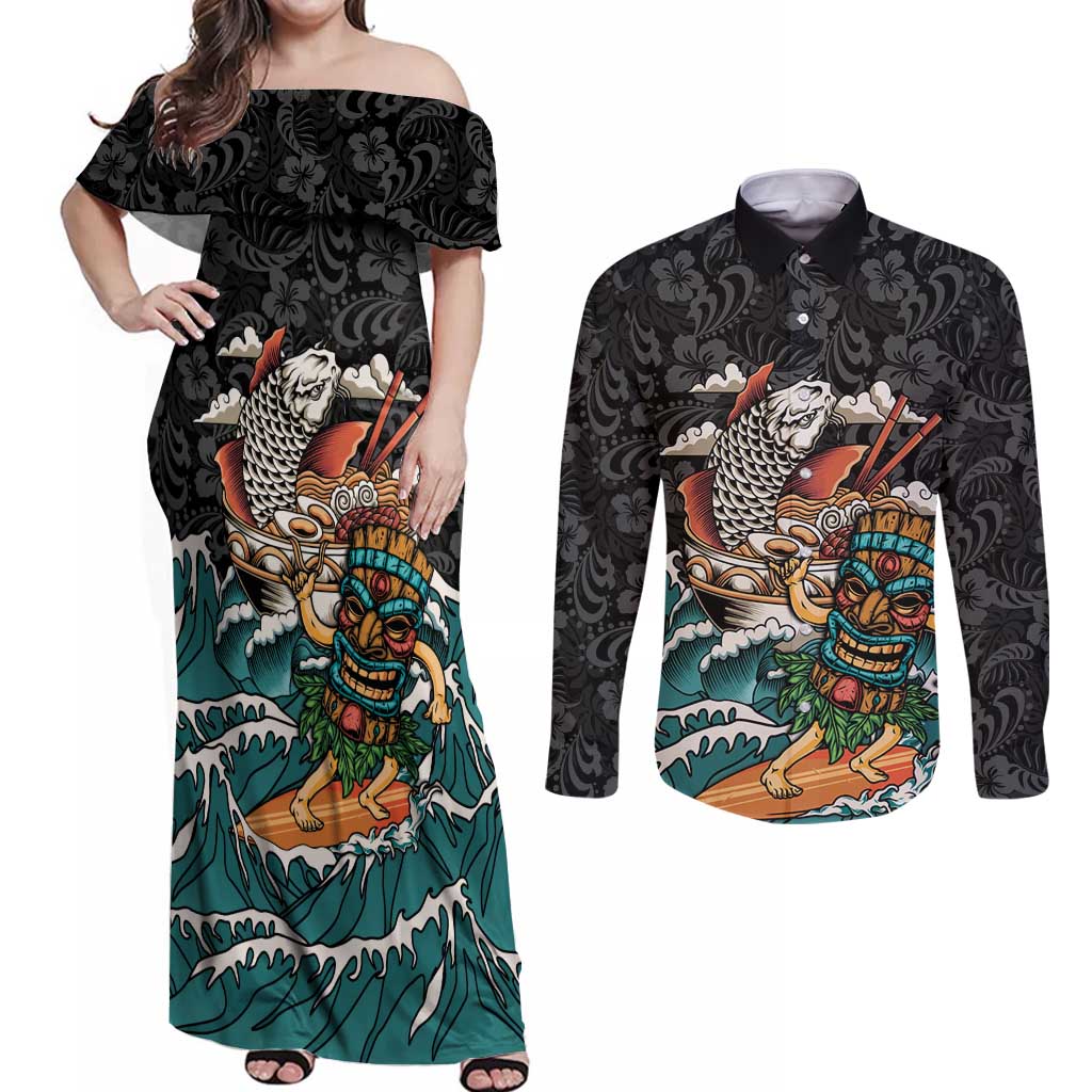 Personalized Japanese Koi Fish Ramen Couples Matching Off Shoulder Maxi Dress and Long Sleeve Button Shirt Tiki Surfing Wagara Hibiscus Pattern LT9 Black - Polynesian Pride