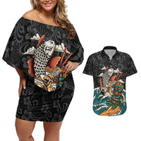 Personalized Japanese Koi Fish Ramen Couples Matching Off Shoulder Short Dress and Hawaiian Shirt Tiki Surfing Wagara Hibiscus Pattern