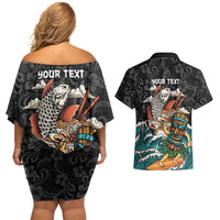Personalized Japanese Koi Fish Ramen Couples Matching Off Shoulder Short Dress and Hawaiian Shirt Tiki Surfing Wagara Hibiscus Pattern