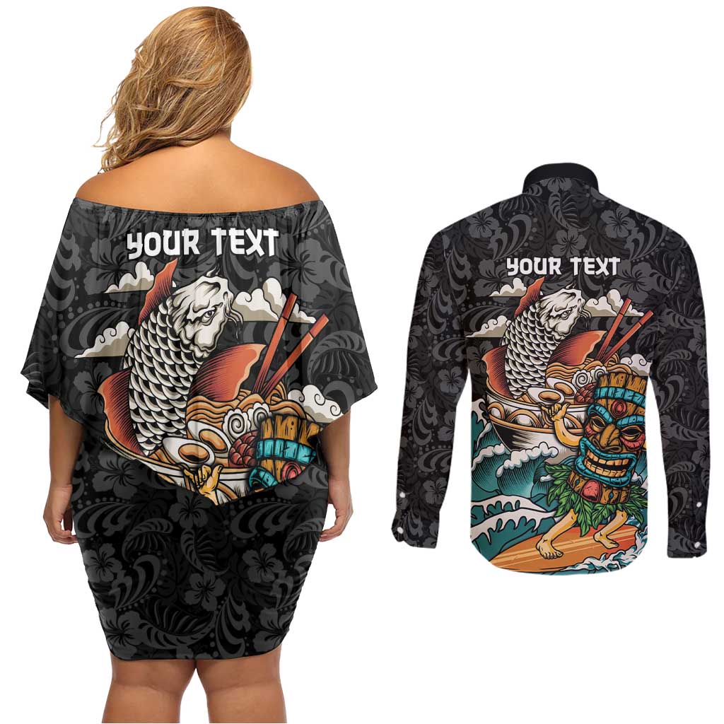 Personalized Japanese Koi Fish Ramen Couples Matching Off Shoulder Short Dress and Long Sleeve Button Shirt Tiki Surfing Wagara Hibiscus Pattern LT9 - Polynesian Pride