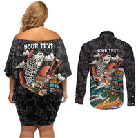Personalized Japanese Koi Fish Ramen Couples Matching Off Shoulder Short Dress and Long Sleeve Button Shirt Tiki Surfing Wagara Hibiscus Pattern LT9 - Polynesian Pride