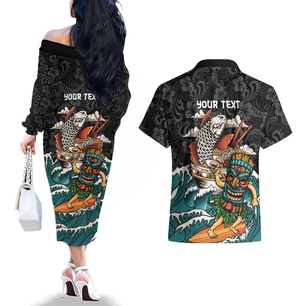 Personalized Japanese Koi Fish Ramen Couples Matching Off The Shoulder Long Sleeve Dress and Hawaiian Shirt Tiki Surfing Wagara Hibiscus Pattern