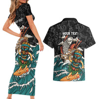 Personalized Japanese Koi Fish Ramen Couples Matching Short Sleeve Bodycon Dress and Hawaiian Shirt Tiki Surfing Wagara Hibiscus Pattern