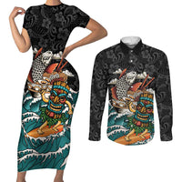 Personalized Japanese Koi Fish Ramen Couples Matching Short Sleeve Bodycon Dress and Long Sleeve Button Shirt Tiki Surfing Wagara Hibiscus Pattern