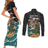 Personalized Japanese Koi Fish Ramen Couples Matching Short Sleeve Bodycon Dress and Long Sleeve Button Shirt Tiki Surfing Wagara Hibiscus Pattern