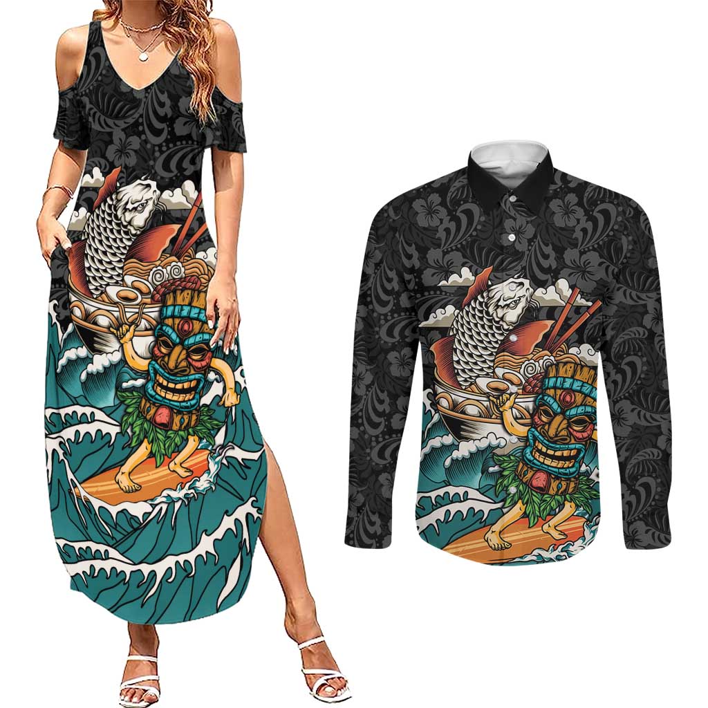 Personalized Japanese Koi Fish Ramen Couples Matching Summer Maxi Dress and Long Sleeve Button Shirt Tiki Surfing Wagara Hibiscus Pattern LT9 Black - Polynesian Pride