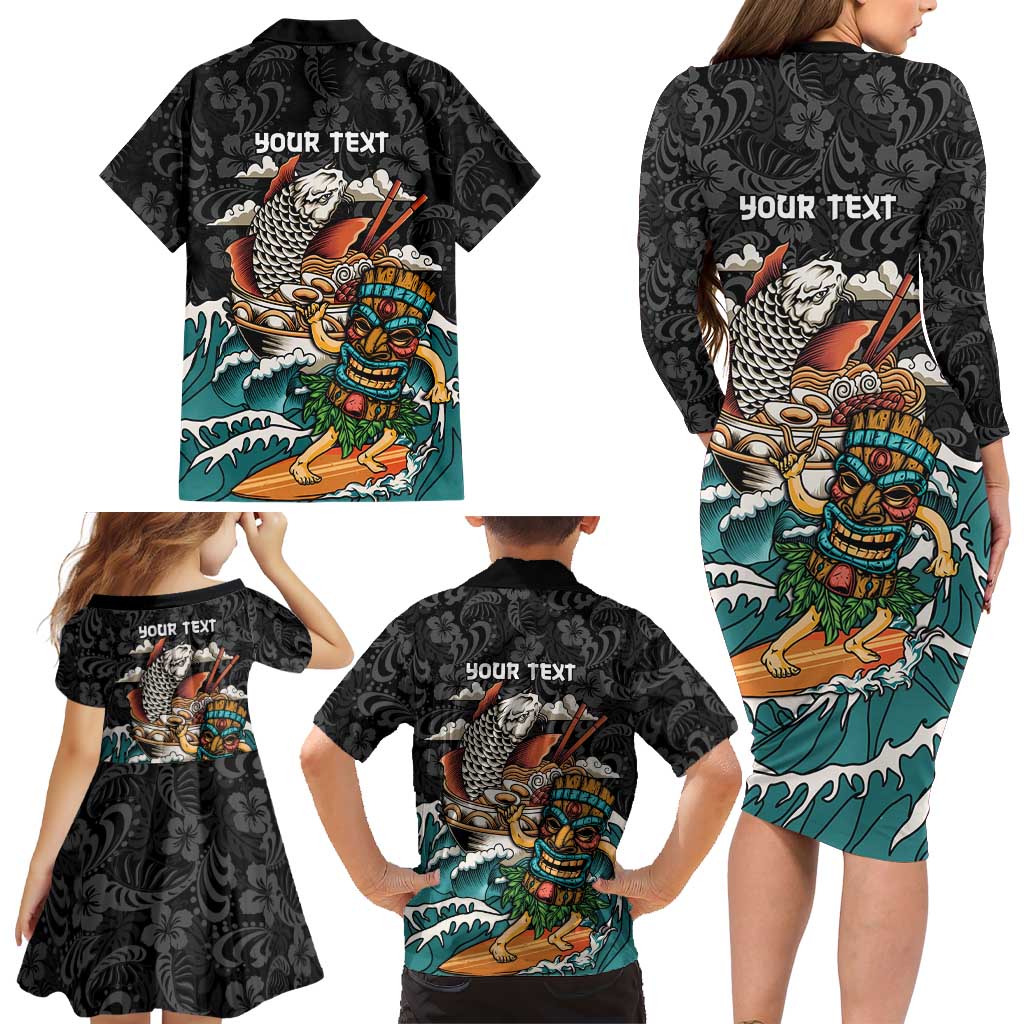 Personalized Japanese Koi Fish Ramen Family Matching Long Sleeve Bodycon Dress and Hawaiian Shirt Tiki Surfing Wagara Hibiscus Pattern