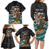 Personalized Japanese Koi Fish Ramen Family Matching Long Sleeve Bodycon Dress and Hawaiian Shirt Tiki Surfing Wagara Hibiscus Pattern