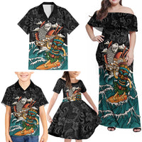 Personalized Japanese Koi Fish Ramen Family Matching Off Shoulder Maxi Dress and Hawaiian Shirt Tiki Surfing Wagara Hibiscus Pattern