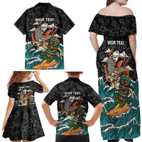 Personalized Japanese Koi Fish Ramen Family Matching Off Shoulder Maxi Dress and Hawaiian Shirt Tiki Surfing Wagara Hibiscus Pattern