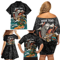 Personalized Japanese Koi Fish Ramen Family Matching Off Shoulder Short Dress and Hawaiian Shirt Tiki Surfing Wagara Hibiscus Pattern