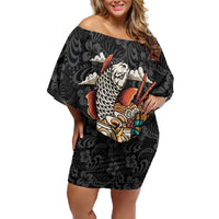 Personalized Japanese Koi Fish Ramen Family Matching Off Shoulder Short Dress and Hawaiian Shirt Tiki Surfing Wagara Hibiscus Pattern
