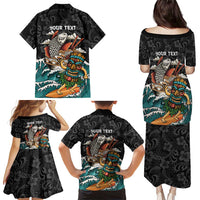 Personalized Japanese Koi Fish Ramen Family Matching Puletasi and Hawaiian Shirt Tiki Surfing Wagara Hibiscus Pattern