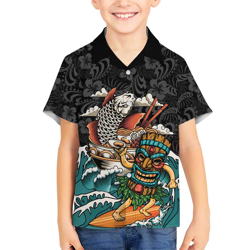 Personalized Japanese Koi Fish Ramen Family Matching Short Sleeve Bodycon Dress and Hawaiian Shirt Tiki Surfing Wagara Hibiscus Pattern
