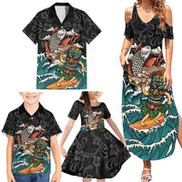 Personalized Japanese Koi Fish Ramen Family Matching Summer Maxi Dress and Hawaiian Shirt Tiki Surfing Wagara Hibiscus Pattern