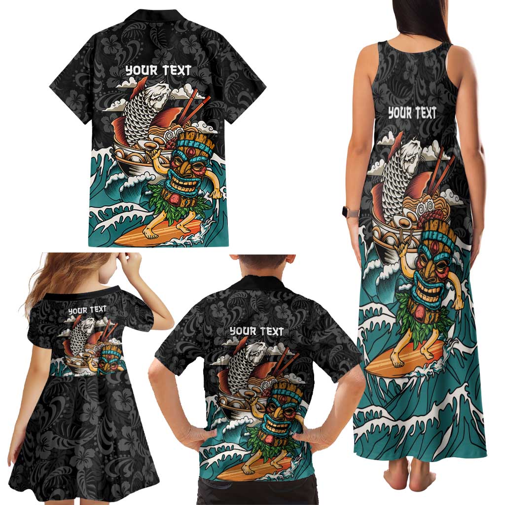 Personalized Japanese Koi Fish Ramen Family Matching Tank Maxi Dress and Hawaiian Shirt Tiki Surfing Wagara Hibiscus Pattern