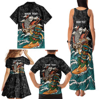 Personalized Japanese Koi Fish Ramen Family Matching Tank Maxi Dress and Hawaiian Shirt Tiki Surfing Wagara Hibiscus Pattern
