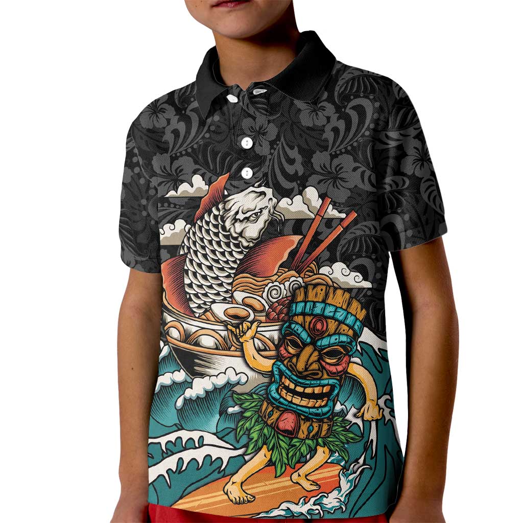 Personalized Japanese Koi Fish Ramen Kid Polo Shirt Tiki Surfing Wagara Hibiscus Pattern LT9 Kid Black - Polynesian Pride