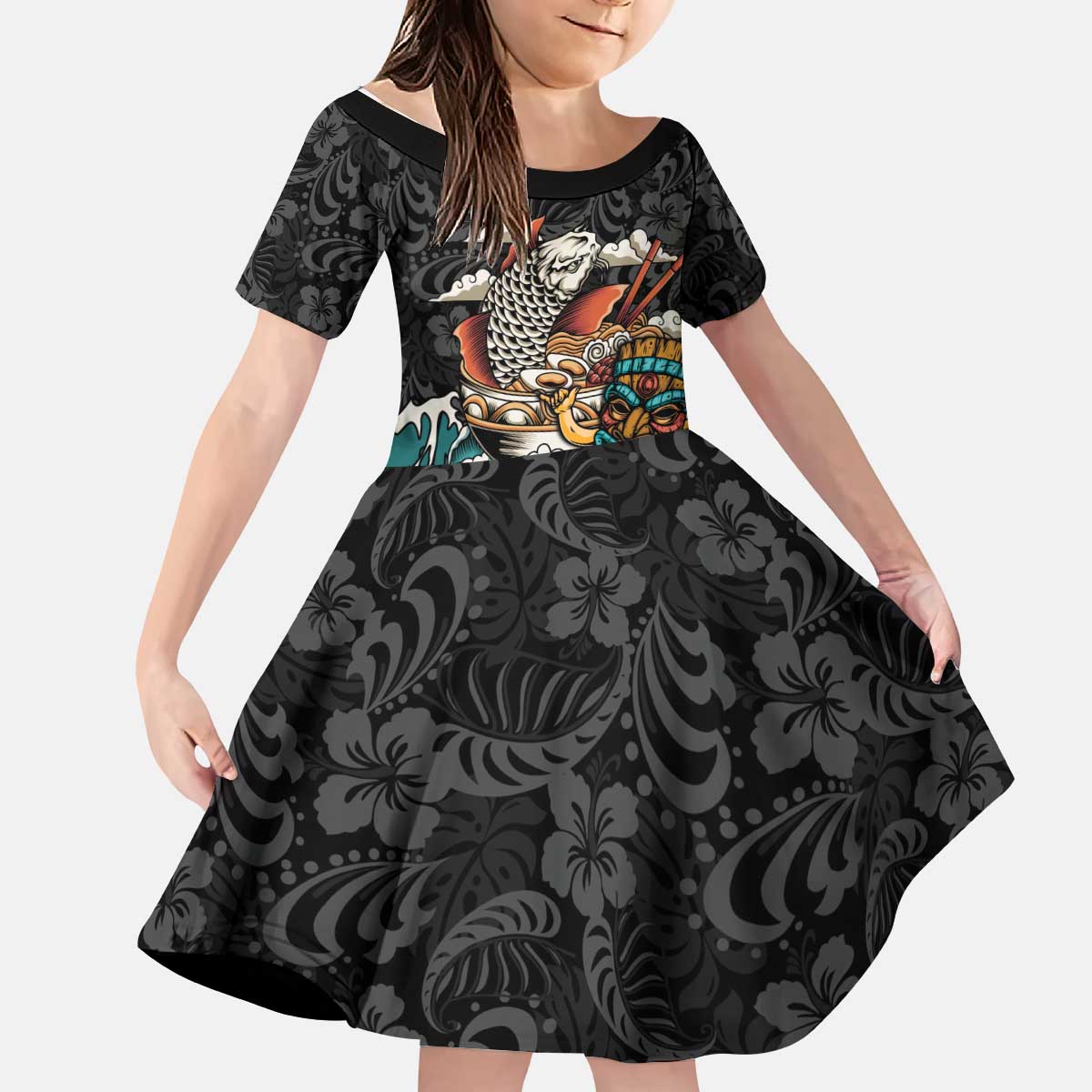 Personalized Japanese Koi Fish Ramen Kid Short Sleeve Dress Tiki Surfing Wagara Hibiscus Pattern