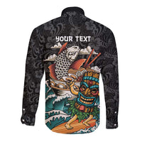 Personalized Japanese Koi Fish Ramen Long Sleeve Button Shirt Tiki Surfing Wagara Hibiscus Pattern