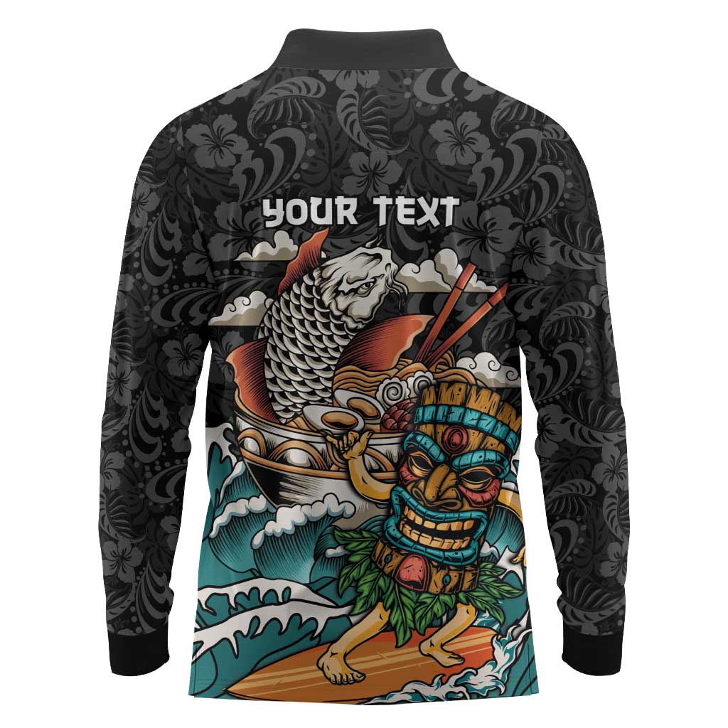 Personalized Japanese Koi Fish Ramen Long Sleeve Polo Shirt Tiki Surfing Wagara Hibiscus Pattern