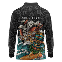 Personalized Japanese Koi Fish Ramen Long Sleeve Polo Shirt Tiki Surfing Wagara Hibiscus Pattern