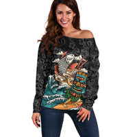 Personalized Japanese Koi Fish Ramen Off Shoulder Sweater Tiki Surfing Wagara Hibiscus Pattern