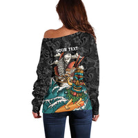 Personalized Japanese Koi Fish Ramen Off Shoulder Sweater Tiki Surfing Wagara Hibiscus Pattern