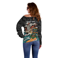 Personalized Japanese Koi Fish Ramen Off Shoulder Sweater Tiki Surfing Wagara Hibiscus Pattern