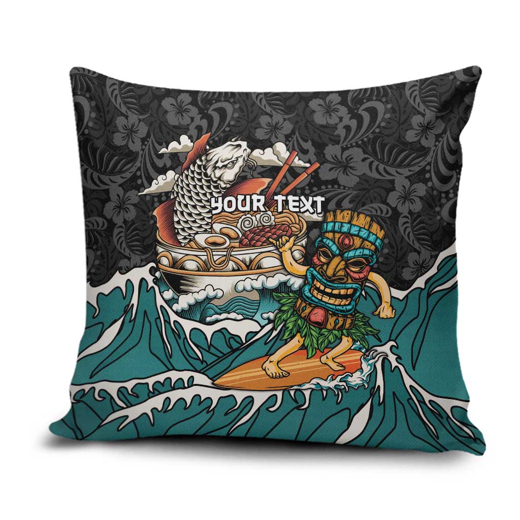 Personalized Japanese Koi Fish Ramen Pillow Cover Tiki Surfing Wagara Hibiscus Pattern