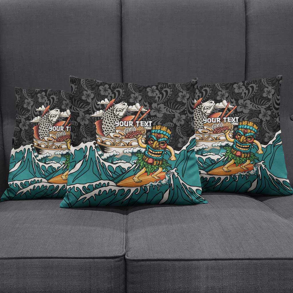 Personalized Japanese Koi Fish Ramen Pillow Cover Tiki Surfing Wagara Hibiscus Pattern