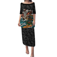 Personalized Japanese Koi Fish Ramen Puletasi Tiki Surfing Wagara Hibiscus Pattern LT9 Long Dress Black - Polynesian Pride