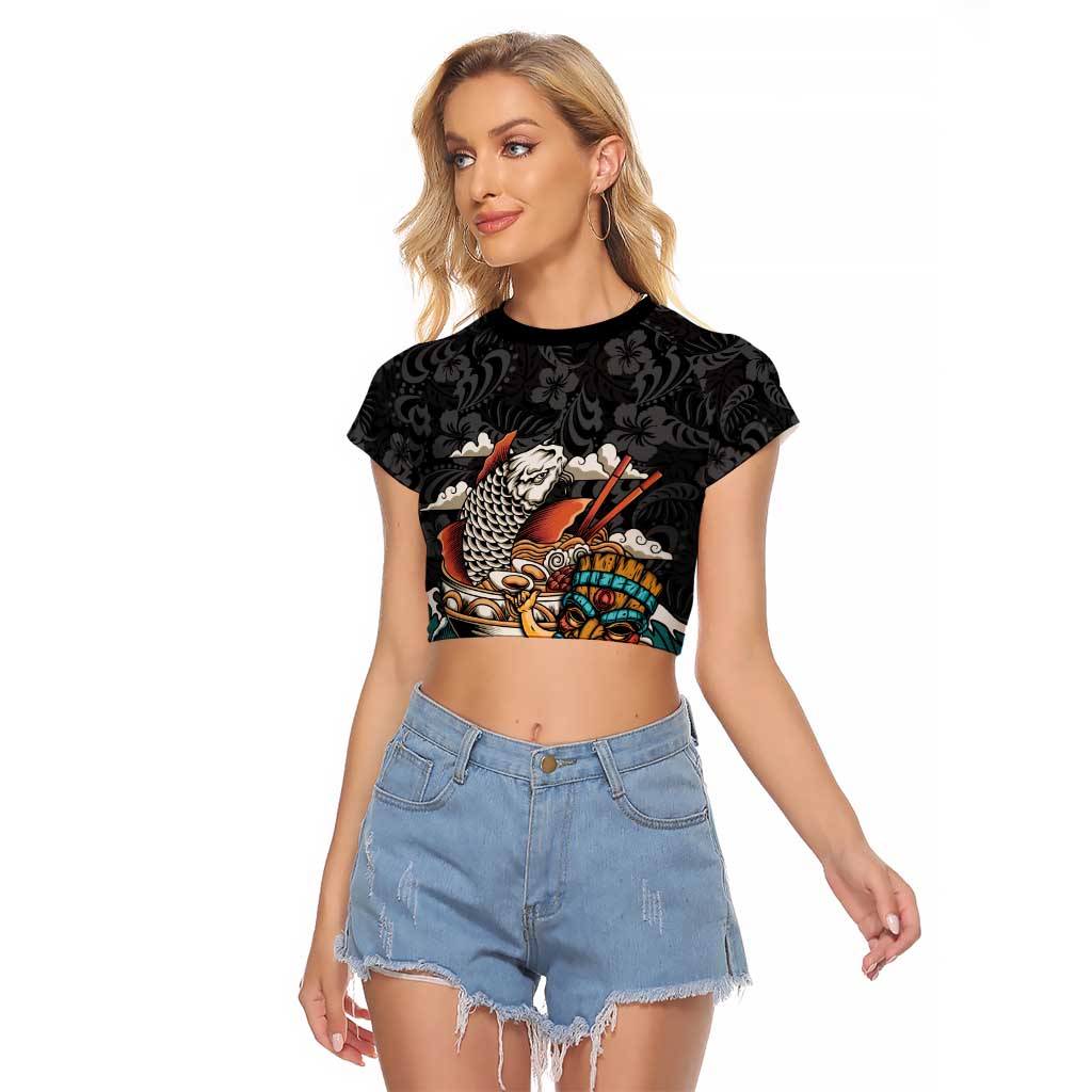 Personalized Japanese Koi Fish Ramen Raglan Cropped T Shirt Tiki Surfing Wagara Hibiscus Pattern