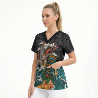 Personalized Japanese Koi Fish Ramen Scrub Top Tiki Surfing Wagara Hibiscus Pattern
