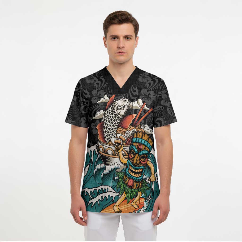 Personalized Japanese Koi Fish Ramen Scrub Top Tiki Surfing Wagara Hibiscus Pattern