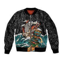 Personalized Japanese Koi Fish Ramen Sleeve Zip Bomber Jacket Tiki Surfing Wagara Hibiscus Pattern LT9 Unisex Black - Polynesian Pride