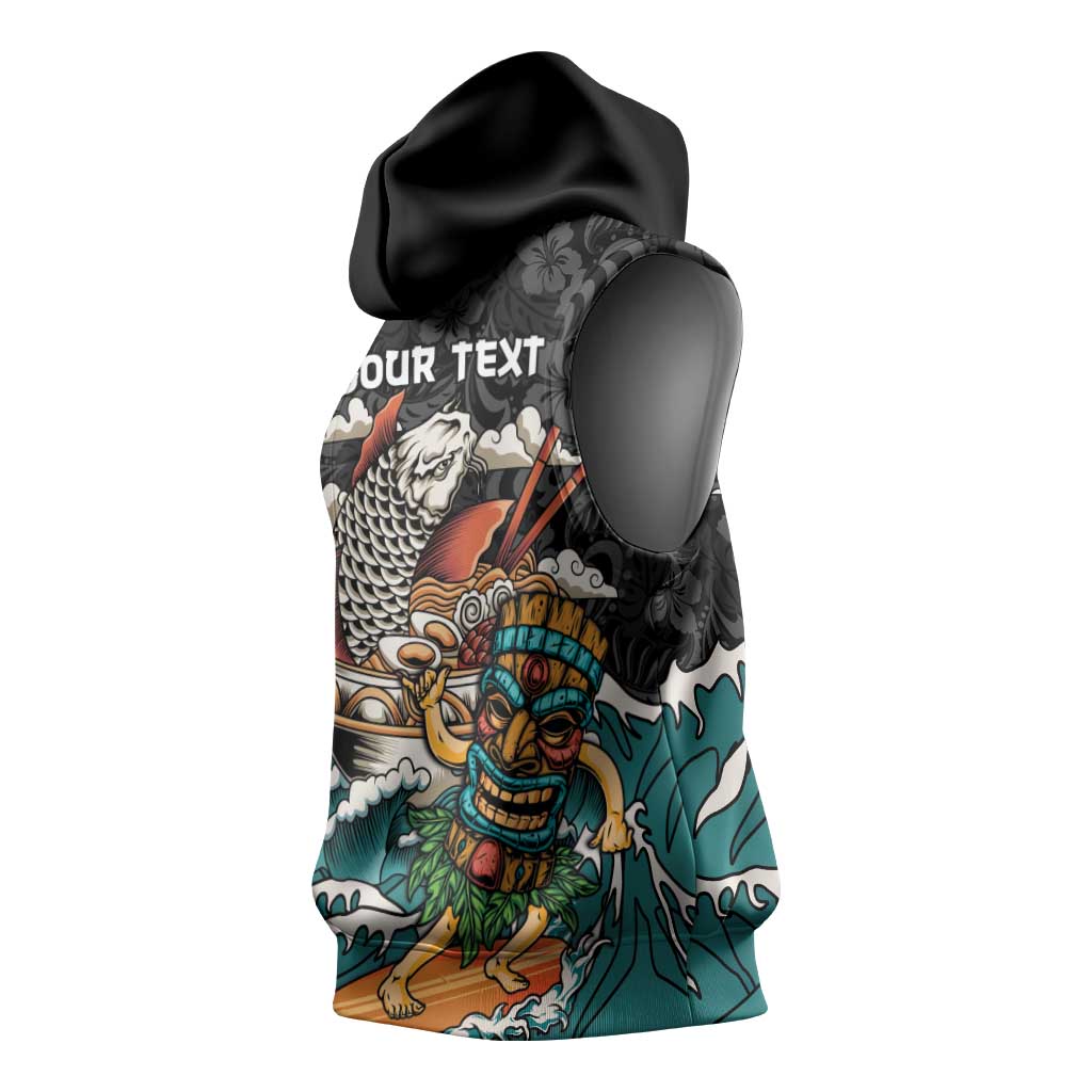 Personalized Japanese Koi Fish Ramen Sleeveless Hoodie Tiki Surfing Wagara Hibiscus Pattern