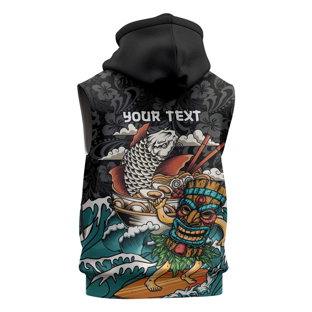 Personalized Japanese Koi Fish Ramen Sleeveless Zip Hoodie Tiki Surfing Wagara Hibiscus Pattern