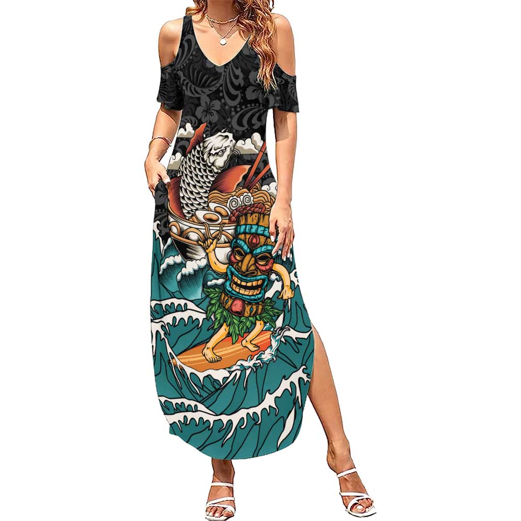 Personalized Japanese Koi Fish Ramen Summer Maxi Dress Tiki Surfing Wagara Hibiscus Pattern
