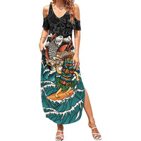 Personalized Japanese Koi Fish Ramen Summer Maxi Dress Tiki Surfing Wagara Hibiscus Pattern