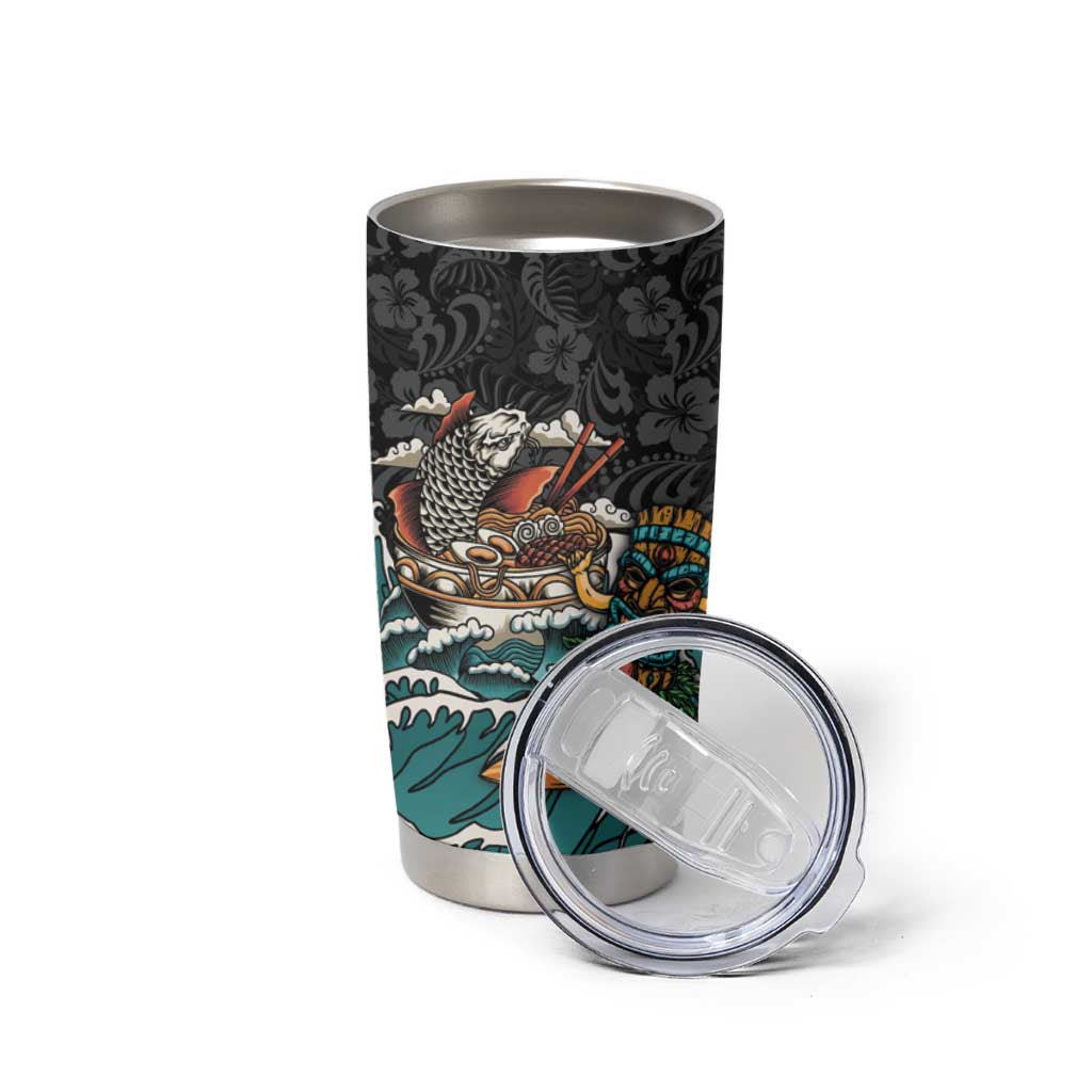 Personalized Japanese Koi Fish Ramen Tumbler Cup Tiki Surfing Wagara Hibiscus Pattern
