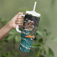 Personalized Japanese Koi Fish Ramen Tumbler With Handle Tiki Surfing Wagara Hibiscus Pattern