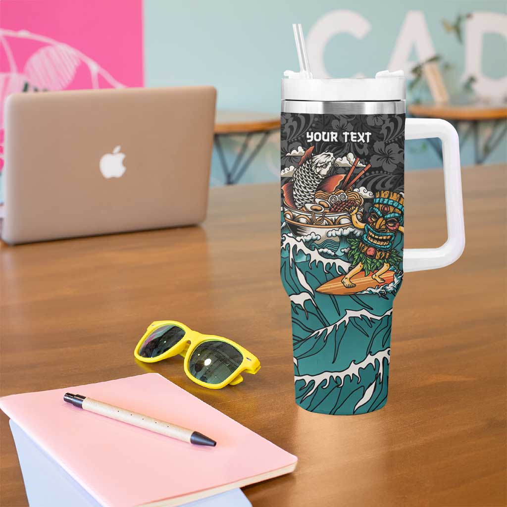 Personalized Japanese Koi Fish Ramen Tumbler With Handle Tiki Surfing Wagara Hibiscus Pattern