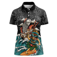 Personalized Japanese Koi Fish Ramen Women Polo Shirt Tiki Surfing Wagara Hibiscus Pattern