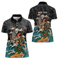 Personalized Japanese Koi Fish Ramen Women Polo Shirt Tiki Surfing Wagara Hibiscus Pattern